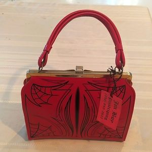 Custom gothic red and black spiderweb pinstriped retro purse w metal closure